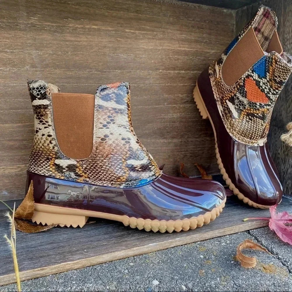 NEW Cute & Trendy Vegan Material Snake embossed slip on Duck Boots
